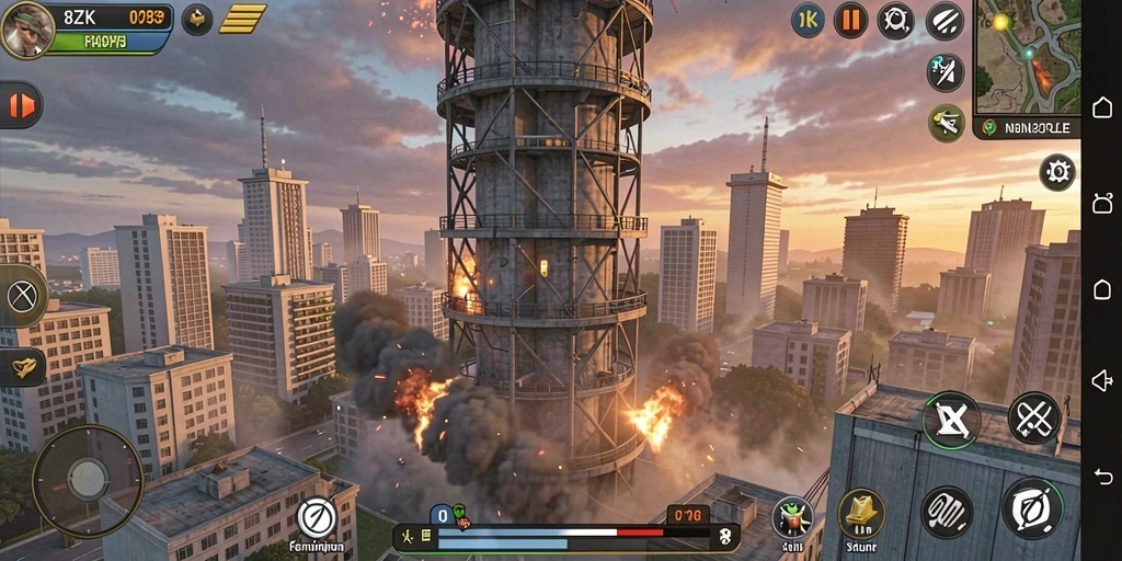 Screenshot gameplay 8ZK menampilkan aksi menara bertahan dalam pertempuran.
