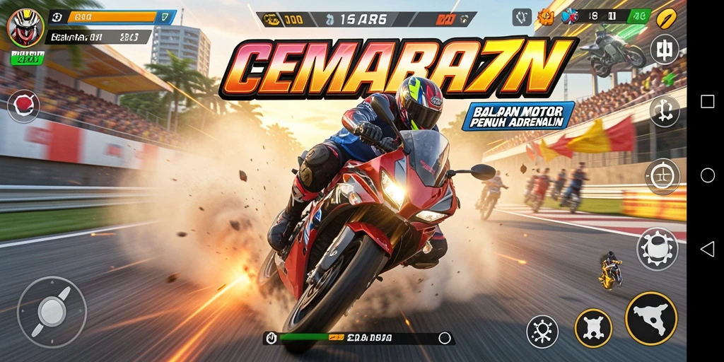 Tampilan gameplay seru dalam CEMARA77 saat balapan motor.