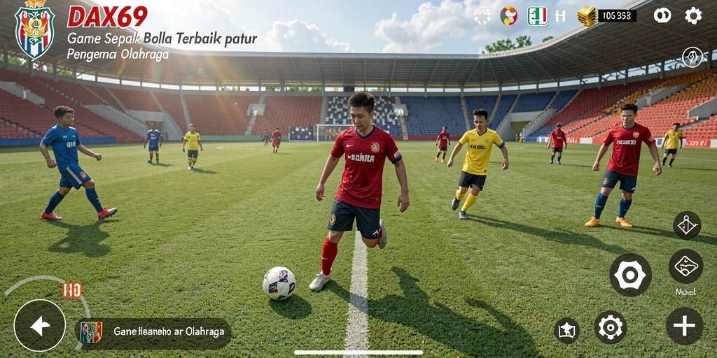 Screenshot gameplay DAX69 menampilkan aksi seru di lapangan sepak bola.