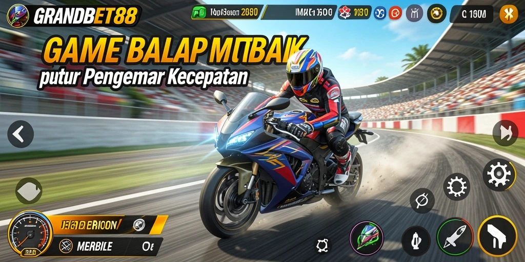 Tangkapan layar gameplay <strong>GRANDBET88</strong> menampilkan balapan motor yang mendebarkan dan grafis yang menawan.