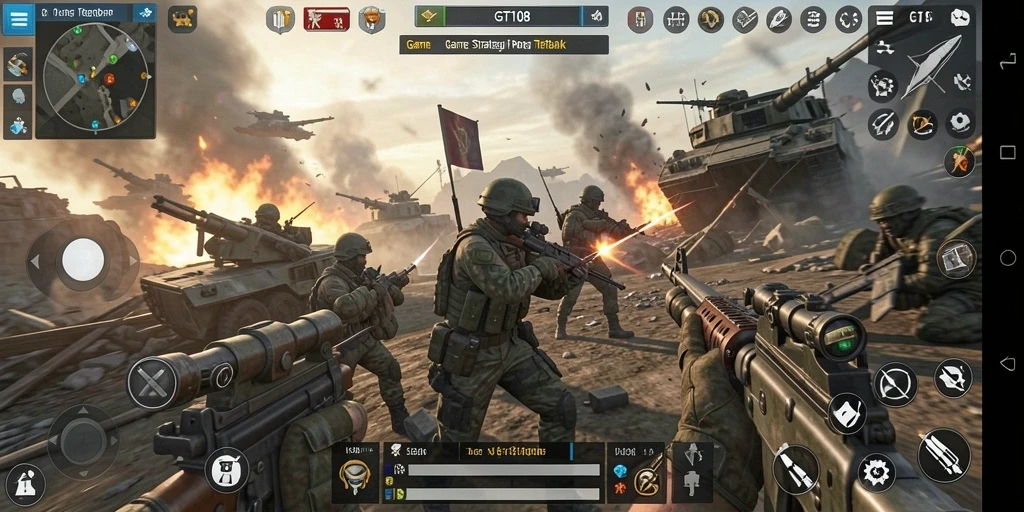 Screenshot utama GT108 menampilkan aksi pertempuran seru dalam game SLG.