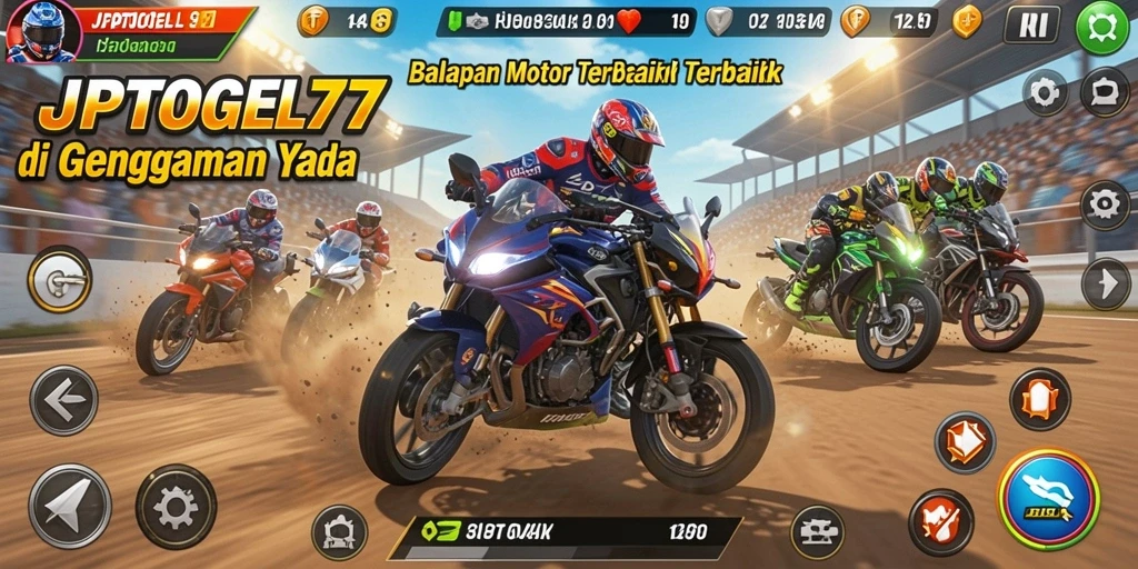Screenshot gameplay JPTOGEL77 yang menampilkan aksi balapan motor yang mendebarkan.