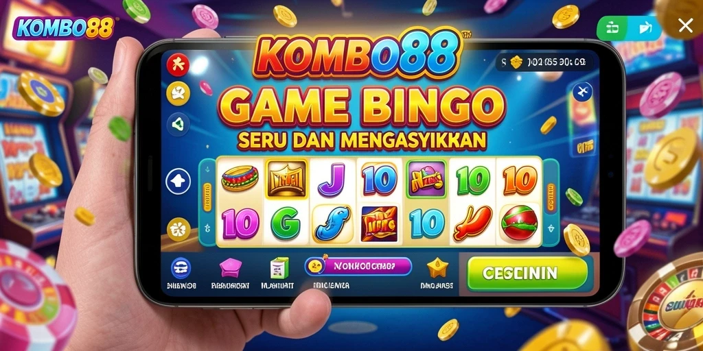 Screenshot gameplay KOMBO88 menunjukkan antarmuka Bingo yang penuh warna dan interaktif.