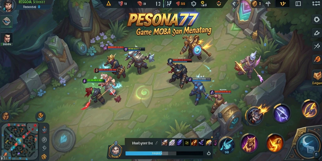 Screenshot gameplay PESONA77 menampilkan aksi MOBA yang intens.